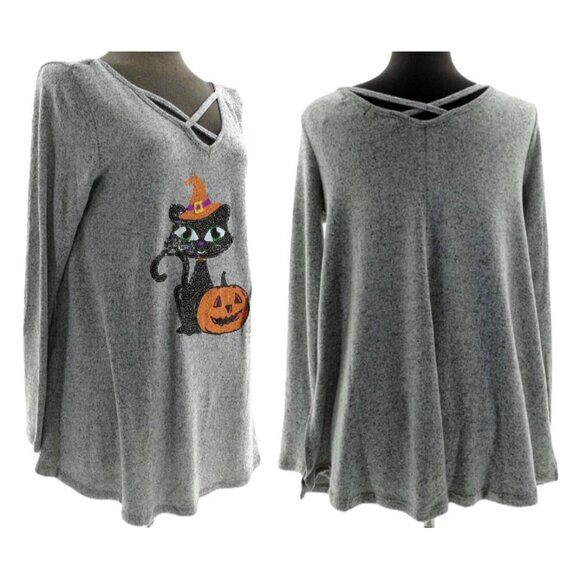 POOF New York Women's Sequins Halloween Black Cat Pumpkin Tunic Top Size Medium - Picture 1 of 12